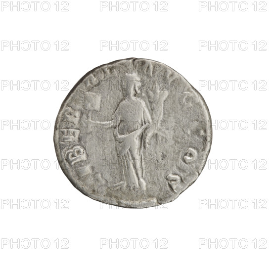 Denarius of Septimius Severus (146–211; Roman emperor 193–211). Obverse: Head of Septimius Severus in a laurel wreath facing right, inscription IMP CAE L SEP - SEV PERT AVG. Reverse: Liberalitas (personification) standing left, holding an abacus in his right hand and a cornucopia in his left, inscription IBER - A, - AVG COS. Date: 193–194. Roman Empire, Rome. Coin: diameter 16.5–17.5 mm, weight 2.97 g, axis 180°.