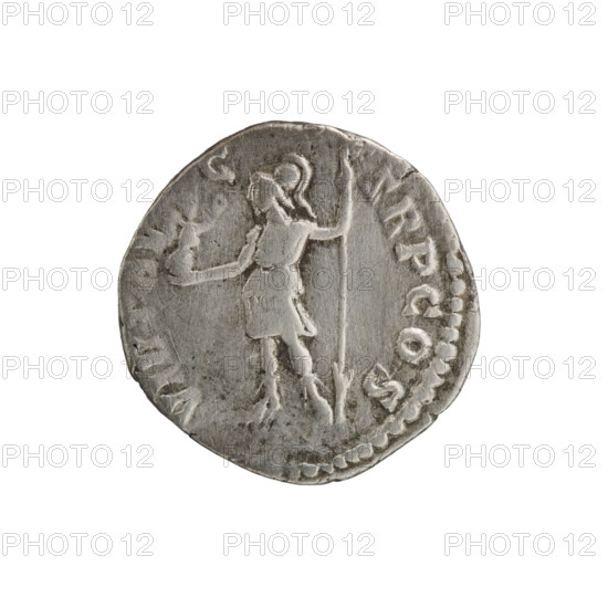 Denarius of Septimius Severus (146–211; Roman emperor 193–211). Obverse: Head of Septimius Severus in laurel wreath facing right, inscription IMP CAE L SEP - SEV PERT AVG. Reverse: Virtus standing left, holding Victoria in his right hand and a spear point down in his left, inscription VIR, AV - G - TR P COS. Date: 193–194. Roman Empire, Rome. Coin; diameter 17.0–17.5 mm, weight 3.10 g, axis 0°.