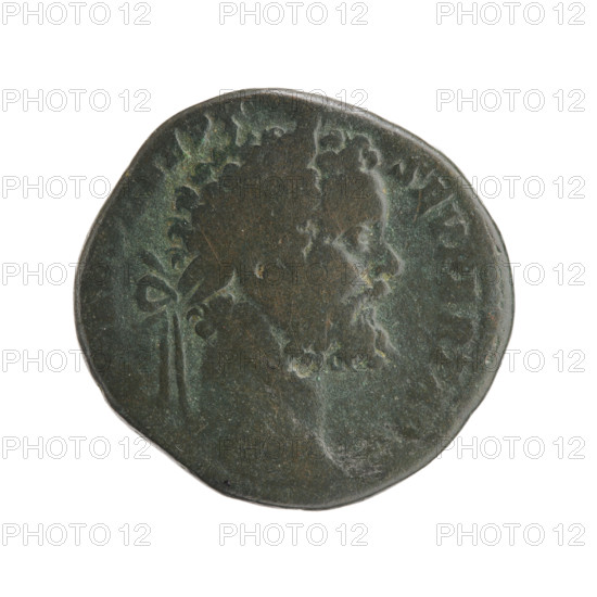 Sestertius; personifications; Septimius Severus (Roman Emperor; 146–211) — iconography: Victoria (attribute), Fides (Fidelity; personification), standard (attribute). Averse: Head of Septimius Severus with laurel wreath facing right, inscription L SEPT-SEV PERT AVG all around. Reverse: Fides in long robe stands straight, head turned to the left, holds Victoria in his right hand, standard in his left, inscription FID all around, in SC fields. Date: 193–194. Roman Empire (27 BC–476), Rome. Coin: diameter 28.0–29.5 mm, weight 19.4 g, axis 180°.