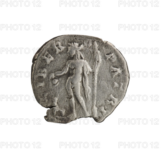 Denarius; Roman deities and animals; Liber (mythology); portrait of Septimius Severus (Roman emperor, 146–211) — iconography: Obv.: L. SEPT. SEV. PERT. AVG. IMP. III — head of Septimius Severus with a laurel wreath facing right, beaded border. Rev.: LIBERO PATRI — naked Liber standing facing left, holding a patera in his right hand and a thyrsus in his left, a panther at his left foot, beaded border. Date: 194–198 CE, Roman Empire (27 BCE–476 CE), Rome. Coin dimensions: diameter 17.0–18.0 mm, weight 2.30 g.