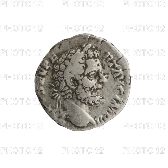 Denarius depicting Liber (mythology) with panthers; obverse: head of Septimius Severus in a laurel wreath facing right, inscription SEV PE - RT AVG IMP II; reverse: naked Liber stands left holding a jug in his right hand and a thyrsus in his left, a panther at his feet left, inscription LIBERO - P - ATRI; maker/date: Septimius Severus (Roman emperor, 146–211), Roman Empire (27 BC–476); iconography: jugs, thyrsi, panthers; coin: diameter 16.0–17.0 mm, weight 2.40 g, axis 195°.