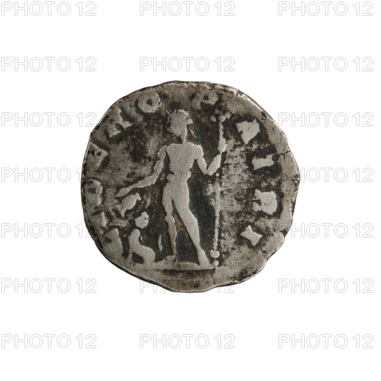 Denarius depicting Liber (mythology) with panthers; obverse: head of Septimius Severus in a laurel wreath facing right, inscription SEV PE - RT AVG IMP II; reverse: naked Liber standing left, holding a jug in his right hand and a thyrsus in his left, a panther seated at his feet left, inscription LIBERO - P - ATRI; dated 194, Roman Empire (27 BC–476), Rome; coin: diameter 16.0–17.0 mm, weight 2.40 g, axis 195°.