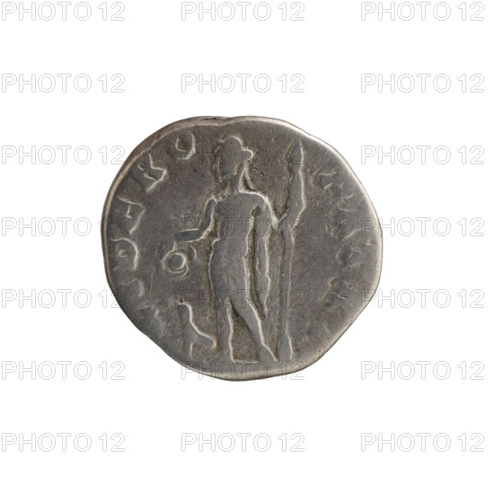 Denarius; Roman deities; Liber (mythology); animals; panthers; Septimius Severus (Roman emperor, 146–211) — iconography; thyrsi. Obverse: RTAVGIMP, head of Septimius Severus with a laurel wreath right, pearl rim. Reverse: LIBERO PATRI, naked Liber stands facing left, holding a patera in his right hand and a thyrsus in his left, with a panther at his left. Date: 194–198. Culture/place: Roman Empire (27 BC–476), Rome. Medium: coin. Diameter: 16.0–17.0 mm. Weight: 2.80 g.
