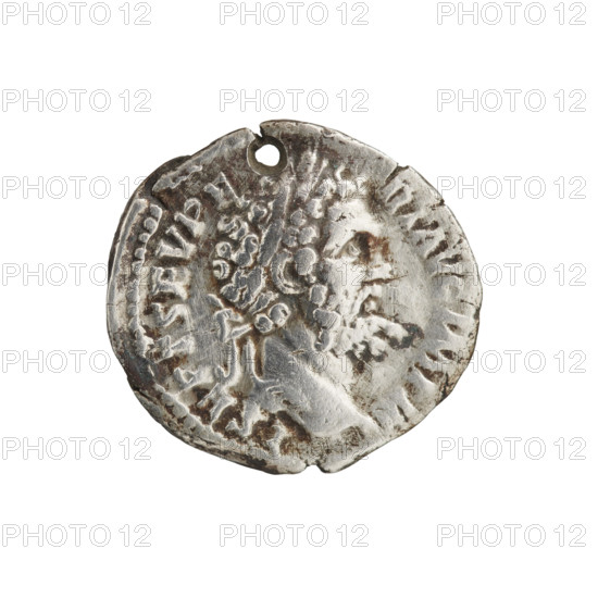 Denarius (with a hole). Obverse: Head of Septimius Severus in a laurel wreath facing right, inscription L SEPT SEV PE - RT AVG IMP III. Reverse: Naked Liber stands left, holds a jug in his right hand and a thyrsus in his left; at his feet on the left a panther sits, inscription LIBERO - PATRI. Iconography: Liber (mythology), panthers, jugs, thyrsi. Septimius Severus (Roman emperor, 146–211). Roman Empire (27 BC–476), Rome. Coin diameter 18.0–18.5 mm, weight 2.80 g, axis 180°.