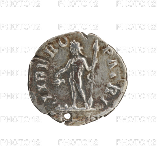 Denarius (with a hole). Obverse: Head of Septimius Severus in a laurel wreath facing right, inscription L SEPT SEV PE - RT AVG IMP III. Reverse: Naked Liber standing left, holding a jug in his right hand and a thyrsus in his left; a panther sits at his feet on the left, inscription LIBERO - PATRI. Iconography: Liber (mythology), panthers, jugs, thyrsi. Maker/date: Septimius Severus (Roman emperor, 146–211), Roman Empire (27 BC–476). Object type and measurements: coin; diameter 18.0–18.5 mm, weight 2.80 g, axis 180°.