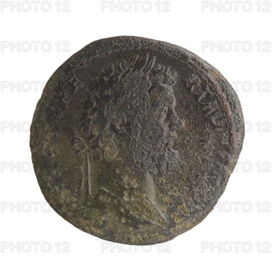 Sestertius; obverse: head of Septimius Severus (Roman Emperor, 146–211) in a laurel wreath facing right, inscription SE PE - RT AVG, IIII; reverse: personification of Africa wearing an elephant skin mantle stands right, holding grain and ears of corn in her left hand, a lion at her feet, inscription FR - I in SC fields, 194; iconography: personifications, lions, ears of corn, elephant skin (attribute); Roman Empire (27 BC–476), Rome; coin; diameter 30.0–31.0 mm, weight 20.82 g, axis 0°.