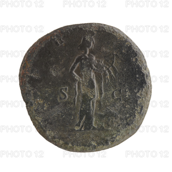 Sestertius; obverse: head of Septimius Severus in a laurel wreath facing right, inscription SEPE RT AVG; reverse: personification of Africa wearing an elephant skin, standing right, holding grain and ears of corn in her left hand, with a lion at her feet; legends FR—I in exergue and in S C fields; iconography includes ears of corn, elephant skin attribute, lions; Roman Imperial coin, minted 194 CE, Roman Empire; material: coin; diameter ca. 30–31 mm; weight 20.82 g; axis 0°.