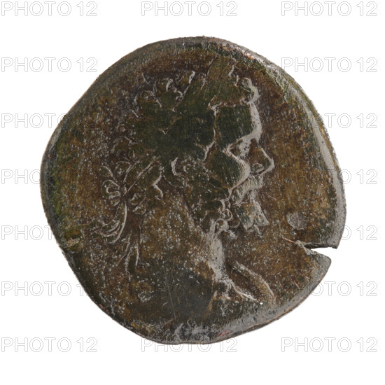 Sestertius coin, personification; Septimius Severus (Roman emperor, 146–211) — iconography: cornucopias. Obverse: legend SEVPER? (SEVPE R, III?) Head of Septimius Severus in paludamentum and laurel wreath facing right. Reverse: legend NETAVGCOS; in the lower section three goddesses stand frontally with heads facing left, each holding scales in her right hand and a cornucopia in her left. Date: 194. Roman Empire (27 BC–476). Rome. Coin: diameter 31.5–32.0 mm; weight 25.3 g.