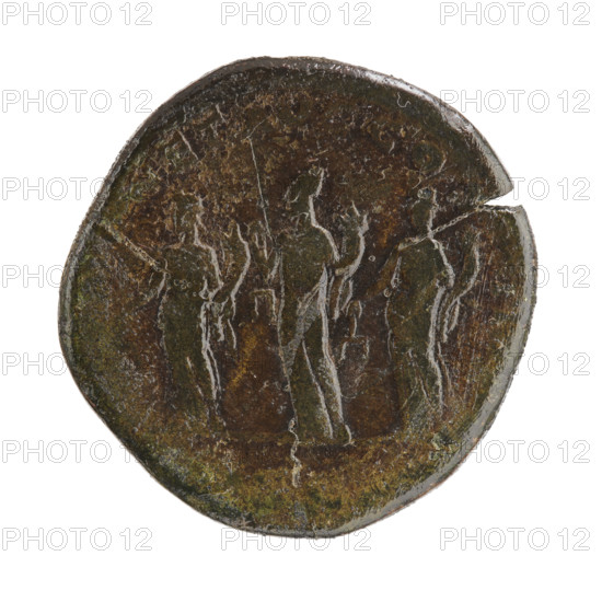 sestertius, coin; personification; Septimius Severus (Roman emperor, 146–211) — iconography: cornucopias. Obverse: SEVPER[R]? Head of Septimius Severus in paludamentum and laurel wreath facing right. Reverse: NETAVGCOS; in the SC section three goddesses stand frontally with heads facing left, each holding scales in her right hand and a cornucopia in her left. Roman Empire (27 BC–476). Rome. Coin: diameter 31.5–32.0 mm; weight 25.3 g.
