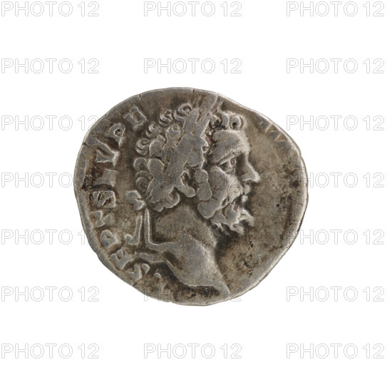 Denarius; obverse: Head of Septimius Severus in a laurel wreath facing right, inscription L SEPT SEV PE - RT AV all around; reverse: Mars in a cloak and helmet walking right, holding a spear in his right hand and a trophy on his left shoulder, inscription MARS - PATER all around; iconography: spears, trophies; maker: Septimius Severus (Roman emperor, 146–211); date: 194–195 CE; culture: Roman Empire (27 BC–476); material: coin; diameter: 16.5–18.0 mm; weight: 2.71 g; axis: 0°.