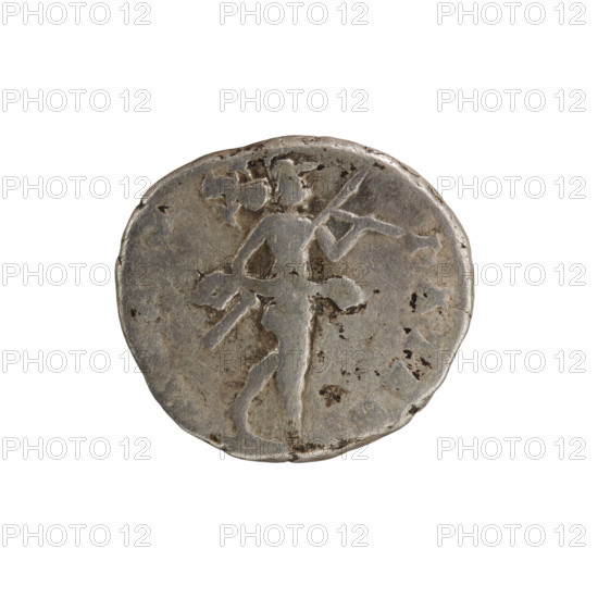 Denarius depicting Roman deities: Head of Septimius Severus in a laurel wreath facing right, inscription 'L SEPT SEV PE - RT AV' all around; reverse: Mars in a cloak and helmet walking right, holding a spear in his right hand and a trophy on his left shoulder, inscription 'MARS - PATER' all around. Emperor: Septimius Severus (146–211). Date: 194–195. Roman Empire (27 BC–476). Coin; diameter 16.5–18.0 mm, weight 2.71 g, axis 0°. Iconography: spears, trophies.