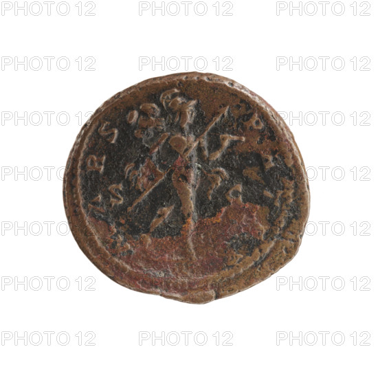 Head of Septimius Severus in a laurel wreath facing right; inscription L SEPT SEV PERT - AVG IMP IIII around. Reverse: Mars in a cloak and helmet walking right, holding a spear in his right hand and a trophy on his left shoulder; inscription MARS - PATER around, in SC fields. Roman coin, 194 CE, Roman Empire; iconography: Roman deities, Mars; Septimius Severus (146–211) — trophies, spears. Coin dia. 24.0–26.0 mm, weight 10.06 g, axis 180°.