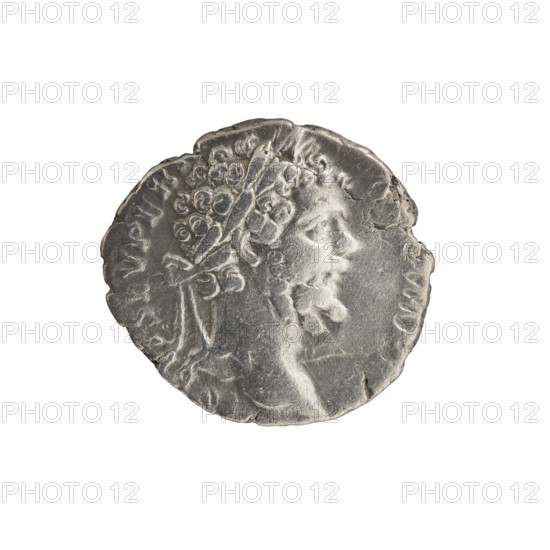 Denarius; obverse: head of Septimius Severus with laurel wreath facing right, inscription 'SEPT SEV PERT - AVG IMP I' all around; reverse: Securitas seated on a throne facing left, holding a globe in her outstretched right hand, left elbow on the throne armrest, inscription 'SECVRITAS - PVBLICA' all around. Date: 194–195 CE. Culture: Roman Empire. Material: coin. Diameter: 16.0–18.0 mm. Weight: 3.12 g. Axis: 180°.