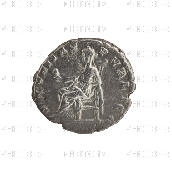 Denarius; obverse: head of Septimius Severus with laurel wreath facing right, inscription 'SEPT SEV PERT - AVG IMP I' all around; reverse: Securitas sits on a throne facing left, holds a globe in her outstretched right hand, left elbow rests on the throne armrest, inscription 'SECVRITAS - PVBLICA' all around. Date: 194–195. Maker: Septimius Severus (Roman Emperor; 146–211). Iconography: personifications, thrones, globes; style: Roman. Material: coin. Dimensions: diameter 16.0–18.0 mm, weight 3.12 g, axis 180°. Period/place: Roman Empire (27 BC–476), Rome.
