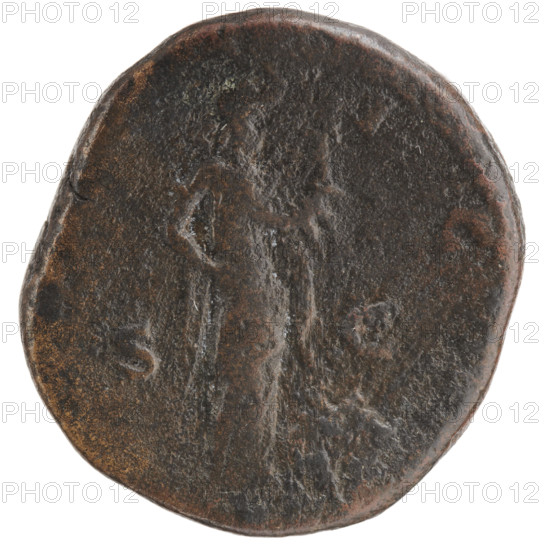 Sestertius; obverse: Head of Septimius Severus (Roman emperor, 146–211) with laurel wreath facing right; reverse: Africa personified wearing an elephant skin headdress, standing facing right, lifting her robe on her shoulder with her left hand, a lion at her feet facing right; inscriptions illegible on obverse, 'IC' on reverse, 'SC' on sides; Roman Empire, 194–195; coin; diameter 26.5–28.0 mm; weight 17.97 g.
