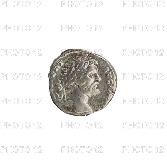 Denarius depicting Head of Septimius Severus in a laurel wreath facing right, inscription 'RT AVG IM' around; reverse: Fortuna standing left, holding a rudder resting on a globe in her right hand and a cornucopia in her left, inscription 'P - III COS II PP' around. Septimius Severus (Roman Emperor, 146–211). Iconography: Fortuna, rudders, cornucopias, globes. Date: 195–196. Place: Rome, Roman Empire. Medium: coin (denarius). Diameter: 16.5 mm. Weight: 3.18 g. Axis: 180°.