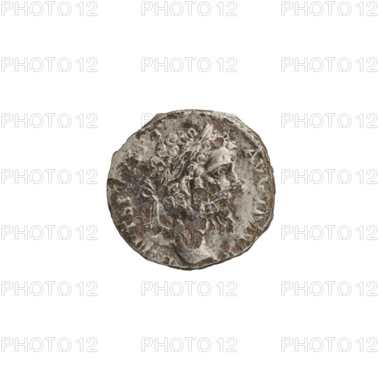 Denarius (subaerate) depicting personifications; Septimius Severus (Roman Emperor, 146–211). Obverse: Head of Septimius Severus with laurel wreath facing right, inscription 'L SEPT SE, RT - AVG IMP I' all around. Reverse: Genius half-naked standing left, holding a patera above a lit altar in his right hand and a cornucopia in his left, inscription 'GE - N -, - SPR' all around. Roman Empire (27 BC–476). Coin: diameter 16.5–17.5 mm, weight 2.90 g, axis 180°.