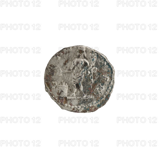 Denarius (subaerate) depicting personifications; Septimius Severus (Roman Emperor, 146–211). Obverse: Head of Septimius Severus with laurel wreath facing right, inscription 'L SEPT SE, RT - AVG IMP I' all around. Reverse: Genius half-naked standing left, holding a patera above a lit altar in his right hand and a cornucopia in his left, inscription 'GE - N - - SPR' all around. Roman Empire (27 BC–476), Rome. Coin: diameter 16.5–17.5 mm, weight 2.90 g, axis 180°.