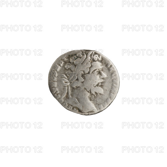 Denarius, Roman Empire (195–196): Head of Septimius Severus in a laurel wreath facing right, inscribed 'L S, T SEV PERT - AVG IMP VII'; reverse: Mars in a cloak and helmet walking right, holding a spear in his right hand and a trophy on his left shoulder, inscribed 'TR P III - COS II PP'. Bronze coin; diameter 15.5–17.0 mm, weight 2.80 g, axis 180°.