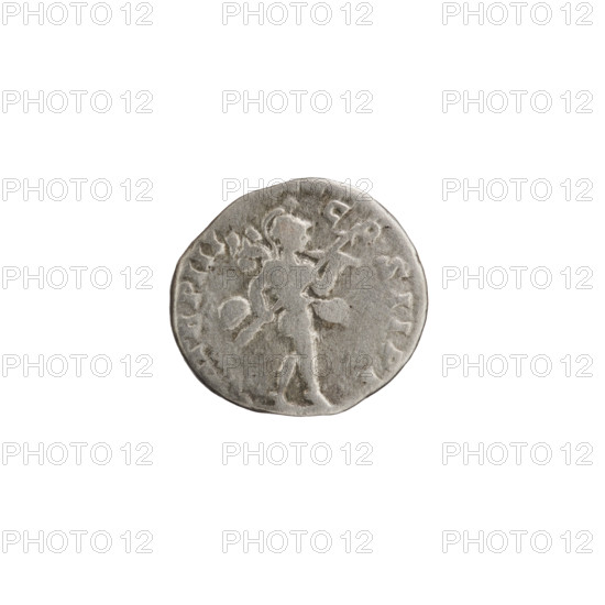 Denarius; obverse: Head of Septimius Severus in a laurel wreath facing right, inscribed L S, T SEV PERT - AVG IMP VII; reverse: Mars in a cloak and helmet walking right, holding a spear in his right hand and a trophy on his left shoulder, inscribed TR P III - COS II PP; date 195–196; Roman Empire; mint Rome; coin; diameter 15.5–17.0 mm; weight 2.80 g; axis 180°.