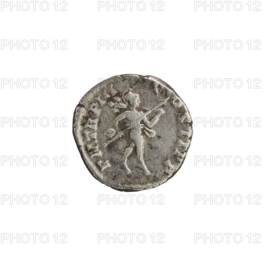 Denarius, Roman deities; Mars; Septimius Severus (Roman emperor, 146–211) — iconography. Obv.: SEVPERT AVGIMP, head of Septimius Severus with laurel wreath facing right. Rev.: PMTRPIII C OSIIPP, naked Mars in helmet and cloak on shoulders strides right, carries a lance in right hand and a panoply in left. Pearl rim. Date: 194–198. Roman Empire (27 BC–476). Rome. Coin. Diameter 17.5–18.0 mm. Weight 3.00 g.