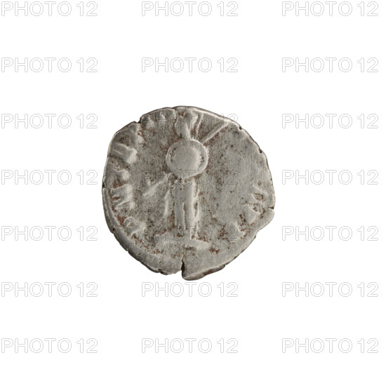 Denarius; obverse: Head of Septimius Severus in a laurel wreath facing right, inscribed L SEPT SEV — RT AVG IMP V; reverse: Minerva stands left, in her right hand a spear pointing forward and down and in her left hand a round shield, inscribed P M TR P III — S II PP; Roman, Imperial period (27 BC–476 AD), issued under Septimius Severus (reigned 193–211 AD); iconography: Minerva, shields, spears; material: coin; diameter 17.5–18.0 mm; weight 2.52 g; axis 0°.