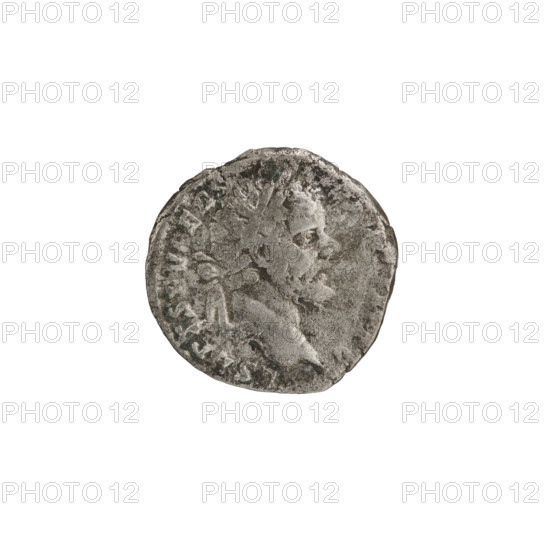 Denarius; obverse: Head of Septimius Severus in a laurel wreath facing right, inscription L SEPT SEV PERT - VG IMP V; reverse: Minerva stands left, holding a spear in her right hand pointing forward and down and a round shield in her left, inscription P M TR P III - COS II P; iconography includes Roman deities, Minerva, shields, spears; maker/time: Septimius Severus (Roman emperor, 146–211), Roman Empire (27 BC–476); coin: dia. 17.5–18.5 mm, weight 2.90 g, axis 180°.
