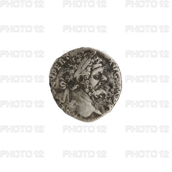 Denarius, Roman deities; Minerva standing left, in her right hand a spear pointing forward and down and in her left hand a round shield; obverse: head of Septimius Severus in a laurel wreath facing right, inscription 'SEV PERT - AVG IMP V'; reverse inscription 'P M TR P III - COS II PP'; iconography: shields, spears; maker/date: Septimius Severus (Roman emperor, 146–211), Roman Empire (27 BC–476); medium: coin; diameter 17.0–17.5 mm; weight 2.95 g; axis 15°.