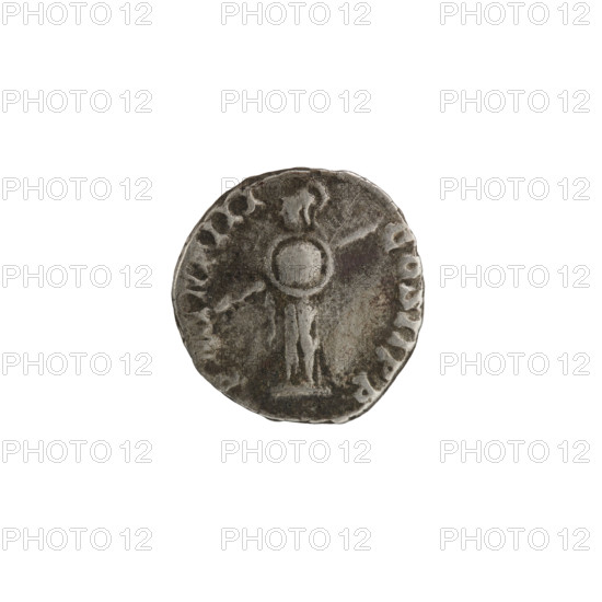 Denarius; obverse: Head of Septimius Severus in a laurel wreath facing right, inscription 'SEV PERT - AVG IMP V'; reverse: Minerva standing left, holding a spear pointing forward and down in her right hand and a round shield in her left, inscription 'P M TR P III - COS II PP'; Roman deities, Minerva; iconography includes shields and spears; maker: Septimius Severus (Roman emperor; 146–211); date/place: Roman Empire (27 BC–476), Rome; coin; diameter 17.0–17.5 mm; weight 2.95 g; axis 15°.