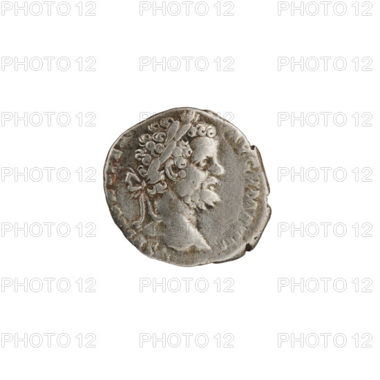 Denarius depicting head of Septimius Severus in a laurel wreath facing right, legend L SEP, SE, PER, - AVG IMP VII around; reverse: Victoria walking left, holding a wreath in her outstretched right hand and a trophy in her left, legend B ADIAB COS II PP around; dated 195–196 CE; Roman Empire; Rome; coin; diameter 18.0 mm; weight 3.10 g; axis 0°.