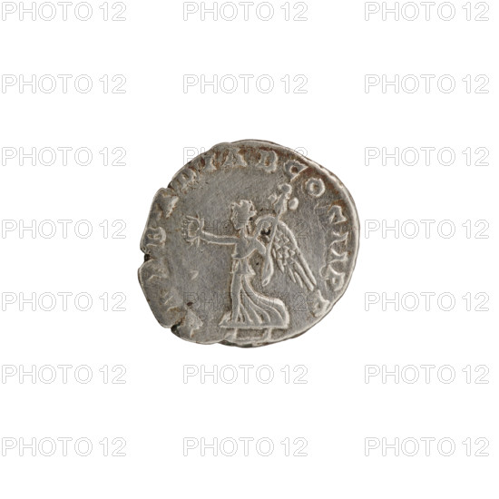 Denarius depicting head of Septimius Severus in a laurel wreath facing right with inscription 'L SEP, SE, PER, - AVG IMP VII' all around; reverse: Victoria walking left, holding a wreath in her outstretched right hand and a trophy in her left, with inscription 'B ADIAB COS II PP' all around. Date: 195–196. Roman Empire (27 BC–476). Coin: silver denarius, diameter 18.0 mm, weight 3.10 g, axis 0°.