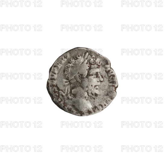 Denarius; head of Septimius Severus in a laurel wreath facing right, inscription 'SEPT SEV PERT - AVG I, VII' around; reverse: Victoria walking left, holding a wreath in her outstretched right hand and a trophy in her left, inscription 'ARAB ADI - AB -, PP' around; dated 195–196; Rome, Roman Empire (27 BC–476); coin; diameter 16.5–17.0 mm; weight 2.85 g; axis 165°.
