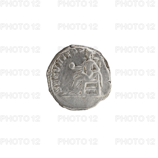 Denarius of Septimius Severus (146–211; Roman emperor 193–211), 196–197. Obverse: Head of Septimius Severus in a laurel wreath facing right, inscription L SEPT SEV PERT - AVG, MP VIII all around. Reverse: Securitas seated on a throne facing left, holding a globe in his outstretched right hand and resting his left on the throne arm, inscription SECVRITAS -, all around. Roman Empire (27 BC–476), Rome. Coin; diameter 16.0–16.5 mm, weight 3.99 g, axis 180°.