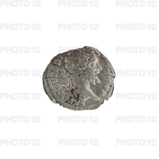 Denarius; Obverse: Head of Septimius Severus in a laurel wreath facing right, pearl rim, inscription 'LSEPTSEVPERT AVGIMPX'. Reverse: Annona (personification) stands facing left, holding ears of corn in her right hand and a cornucopia in her left, resting her right leg on the bow of a ship, pearl rim, inscription 'ANNONAE AVGG'. Roman Empire, 197–198 CE. Coin; diameter 16.0–18.5 mm, weight 2.25 g.