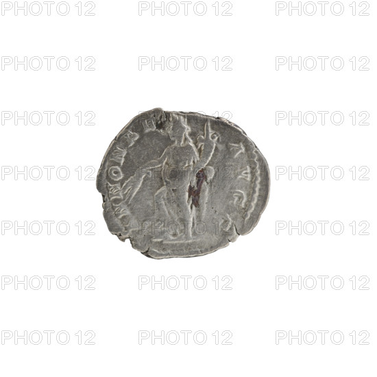 Denarius; obverse: head of Septimius Severus in a laurel wreath facing right, pearl rim, legend LSEPTSEVPERT AVGIMPX; reverse: Annona (personification) standing left, holding ears of corn in her right hand and a cornucopia in her left, resting her right leg on the bow of a ship, pearl rim, legend ANNONAE AVGG. Roman, AD 197–198. Coin (silver), diameter ~16.0–18.5 mm, weight 2.25 g.