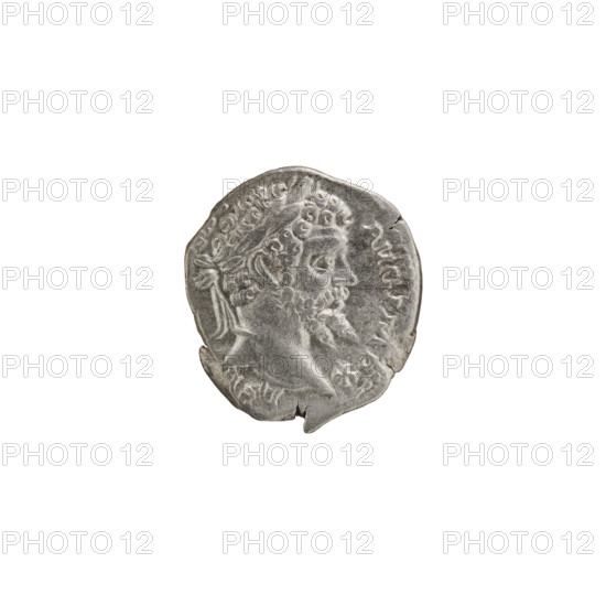 Denarius; Obverse: Head of Septimius Severus with laurel wreath facing right, pearl rim, inscription LS AVGIMPX. Reverse: Salus seated facing left; in his outstretched right hand he holds a patera from which he feeds a snake entwined around an altar, pearl rim, inscription LVTI AVGG. Date: 197–198. Culture: Roman Empire (27 BC–476). Place: Rome. Material: coin. Diameter: 15.0–15.5 mm. Weight: 3.34 g.