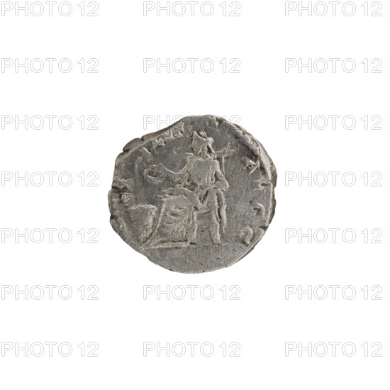 Denarius; obverse: head of Septimius Severus with laurel wreath facing right, pearl rim, inscription LSEPTSEVPERT AVGIMPX; reverse: Salus seated facing left, holding a patera in her outstretched right hand and feeding a snake entwined around an altar, pearl rim, inscription SALVTI AVGG; Roman Empire, 197–198 CE; silver coin, diameter ~17.0–17.5 mm, weight 3.30 g.