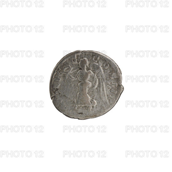 Denarius depicting Roman deities: Obv. Head of Septimius Severus in a laurel wreath facing right with inscription LSEPT SEVPERT AVGIM. Rev. Victoria running left, holding a wreath in her right hand and a palm in her left, with inscription AVG G COSIIP P. Iconography includes wreaths and palm branches. Date: 197–198 CE. Material: silver coin. Diameter: 17.0–17.5 mm. Weight: 2.75 g.