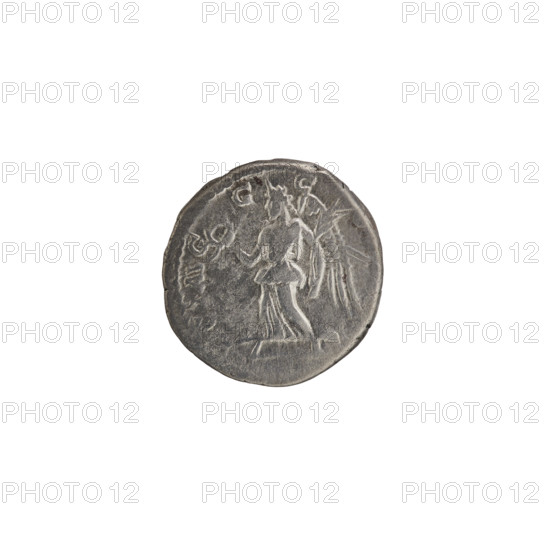Denarius depicting Roman deities; obverse: head of Emperor Septimius Severus (146–211) in a laurel wreath facing right, pearl border, inscription 'LSEPT SEVPERT AVGIMPX'; reverse: Victoria running left, holding a wreath in her right hand and a palm in her left, pearl border, inscription 'VICTAVG GC'; dated 197–198, Roman Empire, Rome; coin diameter 16.5–17.0 mm, weight 3.38 g.
