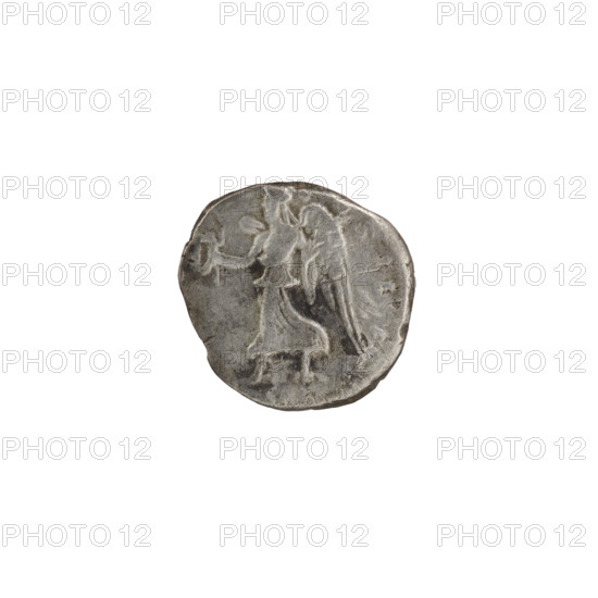 Denarius; obverse: PERT AVG, head of Septimius Severus in a laurel wreath facing right; reverse: COSIIP P, Victoria running left holding a wreath in her right hand and a palm in her left; pearl border. Roman, Rome, 197–198 CE. Silver coin; diameter 16.0–16.5 mm, weight 2.65 g.