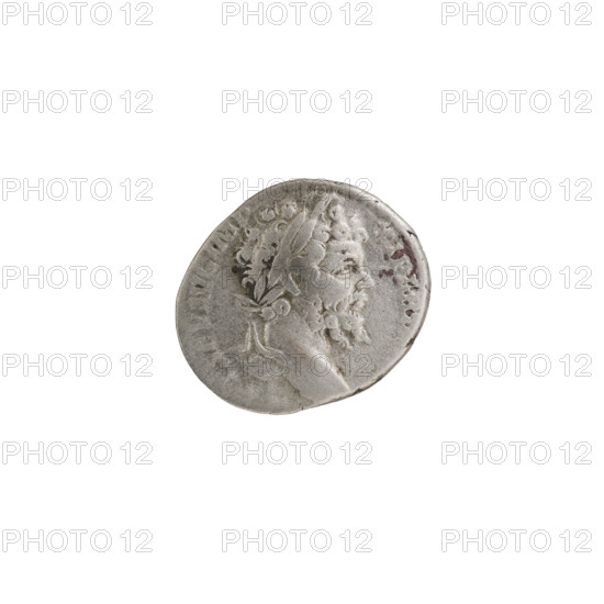 Denarius depicting Roman deities: Obv.: LSEPTSEVAVGIMP XIPART, head of Septimius Severus in laurel wreath facing right. Rev.: PMTR, Fortuna standing, holding a cornucopia in her right hand and a rudder in her left, with the prow of a ship at her left feet; pearl rim. Date: 198–200 CE. Roman Empire (27 BC–476). Rome. Coin; diameter c. 15.0–17.5 mm; weight 3.35 g.