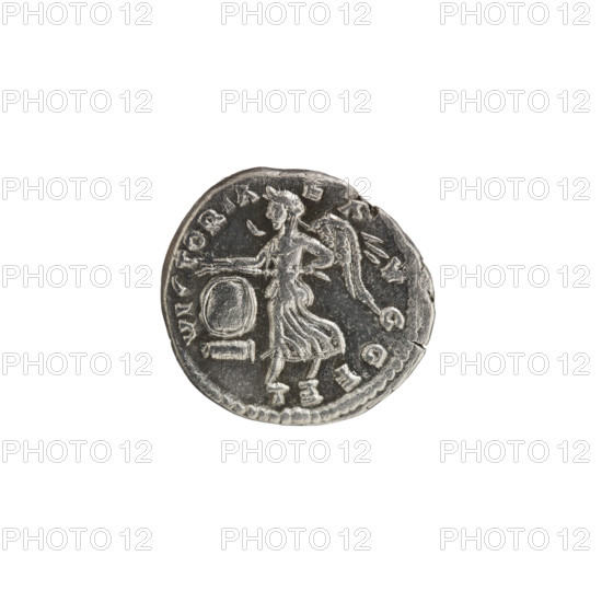 Denarius; obverse: head of Septimius Severus in a laurel wreath facing right, legend 'LSEPTSEVAVGIMP XIPARTMAX', pearl rim. Reverse: Victoria tiptoeing left, holding a garland in both hands, with a round shield on a rectangular pedestal to left, legend 'VICTORIA EA VGGFEL', pearl rim. Inscription dates/style: 198–200 CE, Roman Empire (27 BC–476). Material: coin; diameter 17.0–18.5 mm, weight 3.15 g.