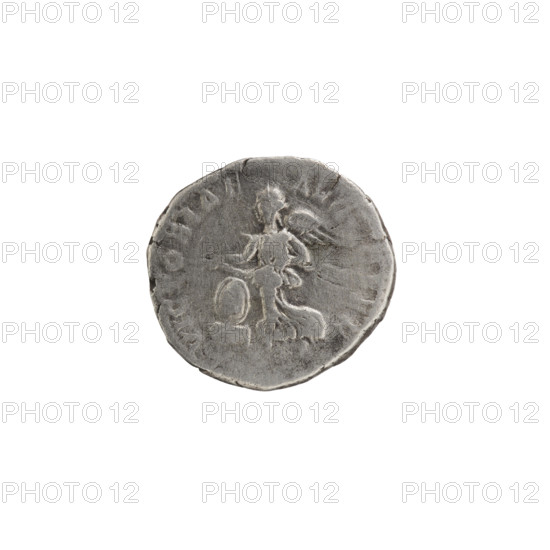 Denarius; Roman deities; Victoria; Septimius Severus (Roman emperor, 146–211) — iconography. Obverse: LSEPTSEVAVGIMP XIPARTMAX. Head of Septimius Severus in a laurel wreath facing right, pearl rim. Reverse: VICTORIAE AVG GFEL. Victoria tiptoes to the left, holding a garland in both hands; at left a round shield on a rectangular pedestal, pearl rim. Date: 198–200. Roman Empire (27 BC–476). Coin: diameter 18.0–19.0 mm; weight 2.58 g.