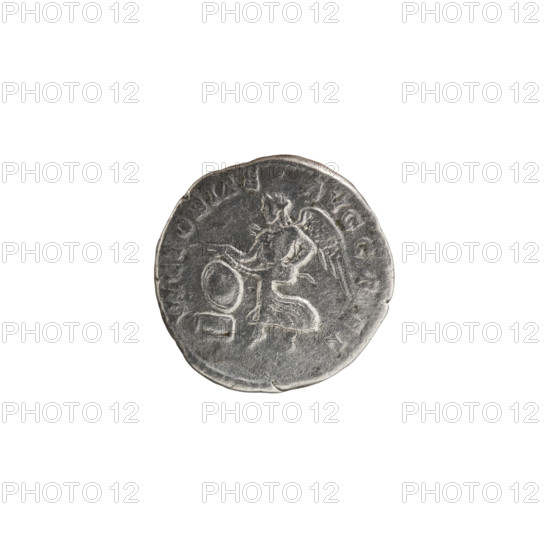 Denarius depicting Victoria (mythology) and Roman deities; Septimius Severus (Roman emperor, 146–211) — iconography. Obverse: LSEPTSEVAVGIMP XIPARTMAX — Head of Septimius Severus in a laurel wreath facing right, pearl rim. Reverse: VICTORIAE AVGGF EL — Victoria tiptoes to the left, holding a garland in both hands; at left a round shield on a rectangular pedestal, pearl rim. Date: 198–200. Culture: Roman Empire (27 BC–476). Medium: coin. Dimensions: diameter 17.5–18.0 mm; weight 2.55 g.