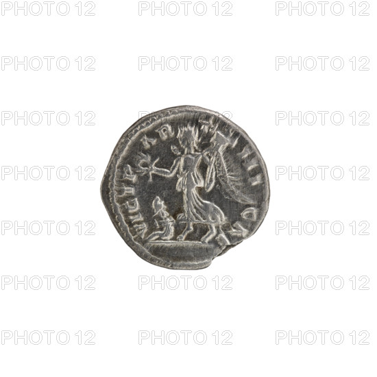Denarius; obverse: head of Septimius Severus in a laurel wreath facing right, pearl rim, inscription LSEPTSEVAVGIMPXIPARTMAX. Reverse: Victoria striding left, holding a wreath in her right outstretched hand and a trophy in her left; at her feet on the left a prisoner with hands tied behind his back sits, pearl rim, inscription VICTPARTHICAE. Roman Empire, reign of Septimius Severus, 198–200 CE. Coin; silver; diameter ~18.0–18.5 mm; weight 2.85 g.