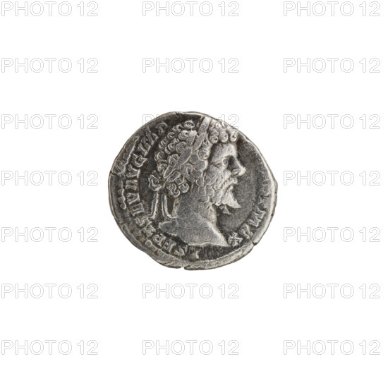 Denarius; Obverse: Head of Septimius Severus in a laurel wreath facing right, pearl rim; legend LSEPTSEVAVGIMP, PARTMAX. Reverse: VICT PART HICAE; Victoria walking left, holding a wreath in her right outstretched hand and a trophy in her left; at her feet on the left sits a prisoner with his hands tied behind his back; pearl rim. Dated 198–200 CE. Roman Empire (27 BC–476). Rome. Coin. Diameter 17.0–17.5 mm; weight 3.16 g.