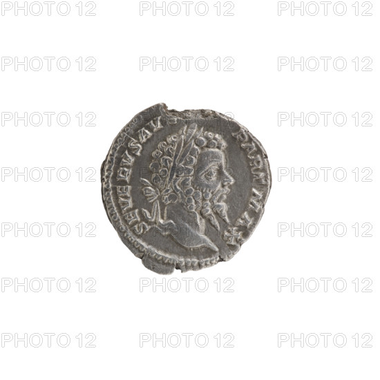 Denarius; Roman deities; Victoria; Septimius Severus (Roman emperor, 146–211) — iconography. Obverse: SEVERVSAV, PARTMAX — head of Septimius Severus in a laurel wreath facing right, pearl rim. Reverse: PMTRPVIII COSIIPP — Victoria tiptoes left, holding a garland in both hands; at her feet left, a round shield on a pedestal, pearl rim. Date: 200. Place: Rome, Roman Empire (27 BC–476). Medium: silver coin. Diameter: 18.0–18.5 mm. Weight: 2.85 g.