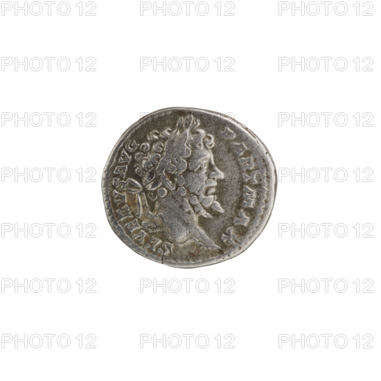 Denarius; Roman deities; Victoria; Septimius Severus (Roman emperor, 146–211) — iconography. Obverse: SEVERVSAVG PARTMAX — head of Septimius Severus in a laurel wreath facing right, pearl rim. Reverse: PMTRPVIII COSI IPP — Victoria tiptoes left, holding a garland in both hands; at her feet left, a round shield on a pedestal, pearl rim. Date: 200. Roman Empire (27 BC–476). Rome. Coin. Diameter: 17.5–19.0 mm. Weight: 2.99 g.