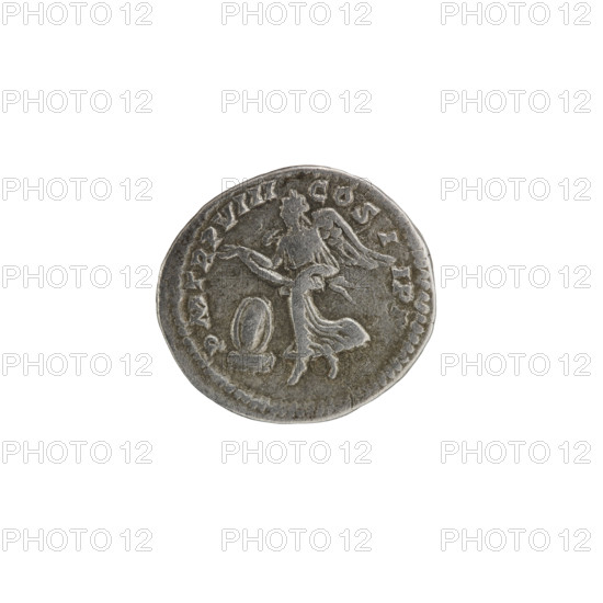 Denarius; Roman deities; Victoria; Septimius Severus (Roman emperor, 146–211) — iconography. Obverse: SEVERVSAVG PARTMAX — Head of Septimius Severus in a laurel wreath facing right, pearl rim. Reverse: PMTRPVIII COSI IPP — Victoria tiptoes to the left, holding a garland in both hands; at her feet left, a round shield on a pedestal, pearl rim. Date: 200. Culture: Roman Empire (27 BC–476). Place: Rome. Object type: coin. Dimensions: dia. 17.5–19.0 mm. Weight: 2.99 g.