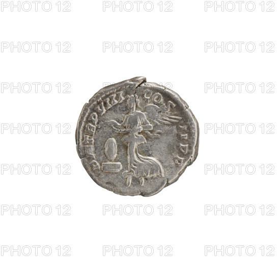 Denarius, Roman; obverse legend SEVERVSAVG, MAX. Head of Septimius Severus in a laurel wreath facing right, pearl rim. Reverse legend PMTRPVIII COSI IPP. Victoria tiptoes left, holding a garland in both hands; at her feet left, a round shield on a pedestal, pearl rim. Date c. 200. Roman Empire (27 BC–476). Coin: dia. 17.0–18.0 mm, weight 3.12 g.